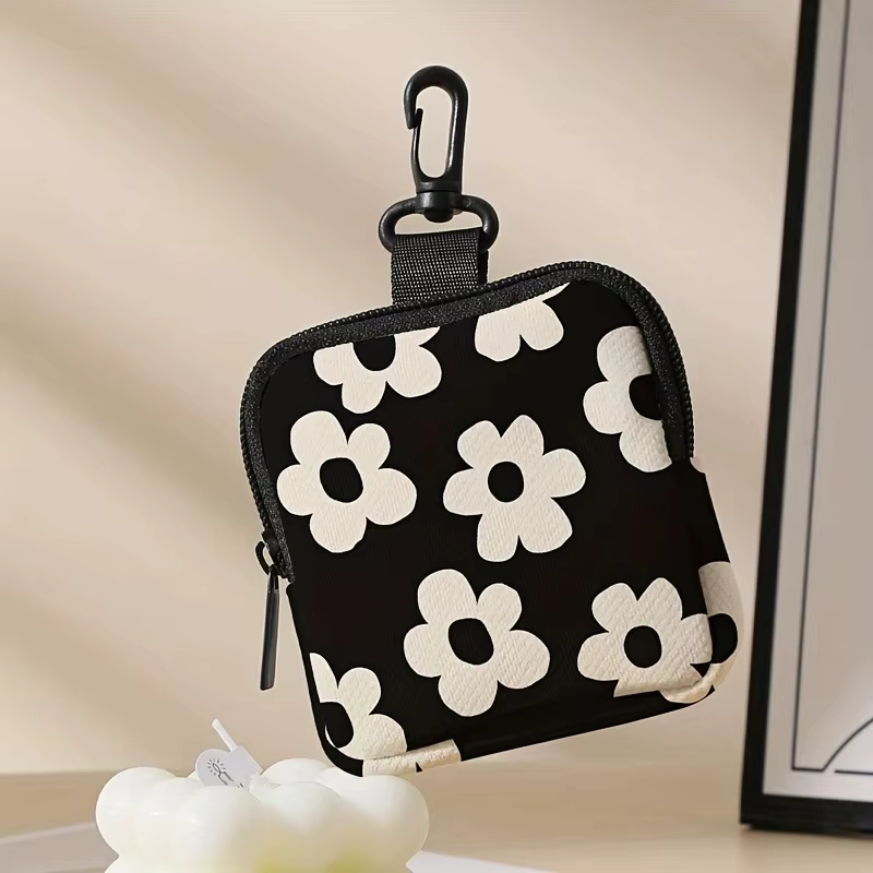 Porte-monnaie imprimé noir, sac de rangement en faux cuir à fermeture éclair, mini support pour casque