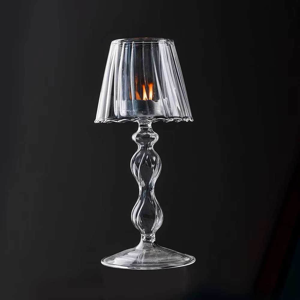 Chandelier rayé en verre à pieds hauts, bougeoir délicat et créatif en forme de lampe, candélabre artisanal d'art Transparent pour salon