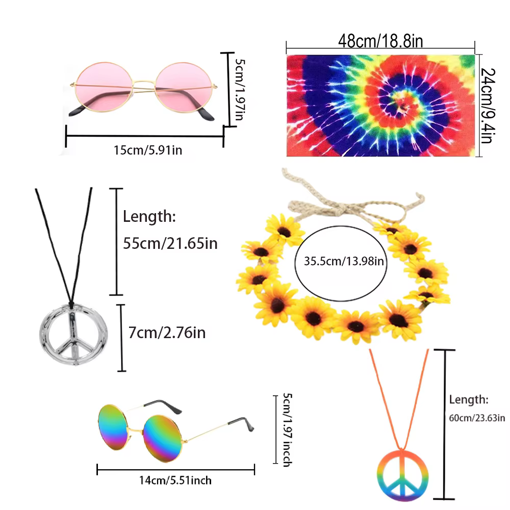 PESENAR Accessoires vestimentaires hippie : foulards, lunettes de soleil, bandeaux et collier avec logo de la paix, adaptés aux fêtes sur le thème hippie