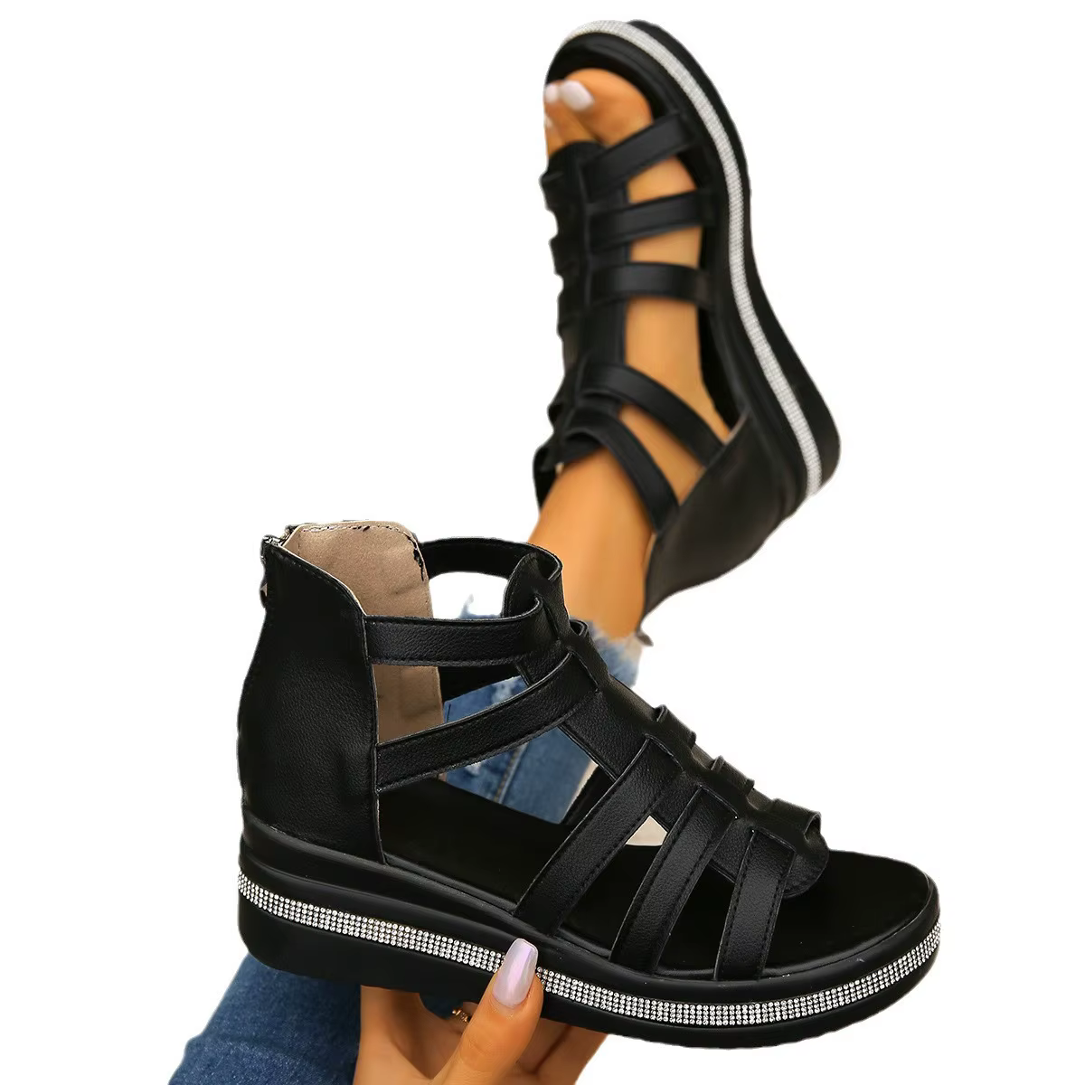 Sandales à l'offre elles compensées pour femmes, chaussures d'été, grande taille 36-43, noires, blanches, beiges, 2024