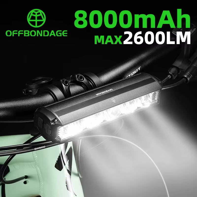 OFFBONDAGE – feu avant de vélo 2600 lumens, lampe de poche étanche 8000mAh, chargeur USB, accessoires de lampe pour cyclisme sur route et vtt