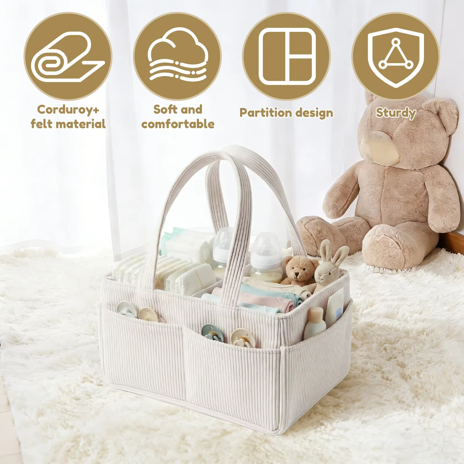 Organisateur de couches pour bébé en velours côtelé, panier de rangement pour couches avec poignée, pliable, multi-poches, organisateur de couches pour nouveau-né