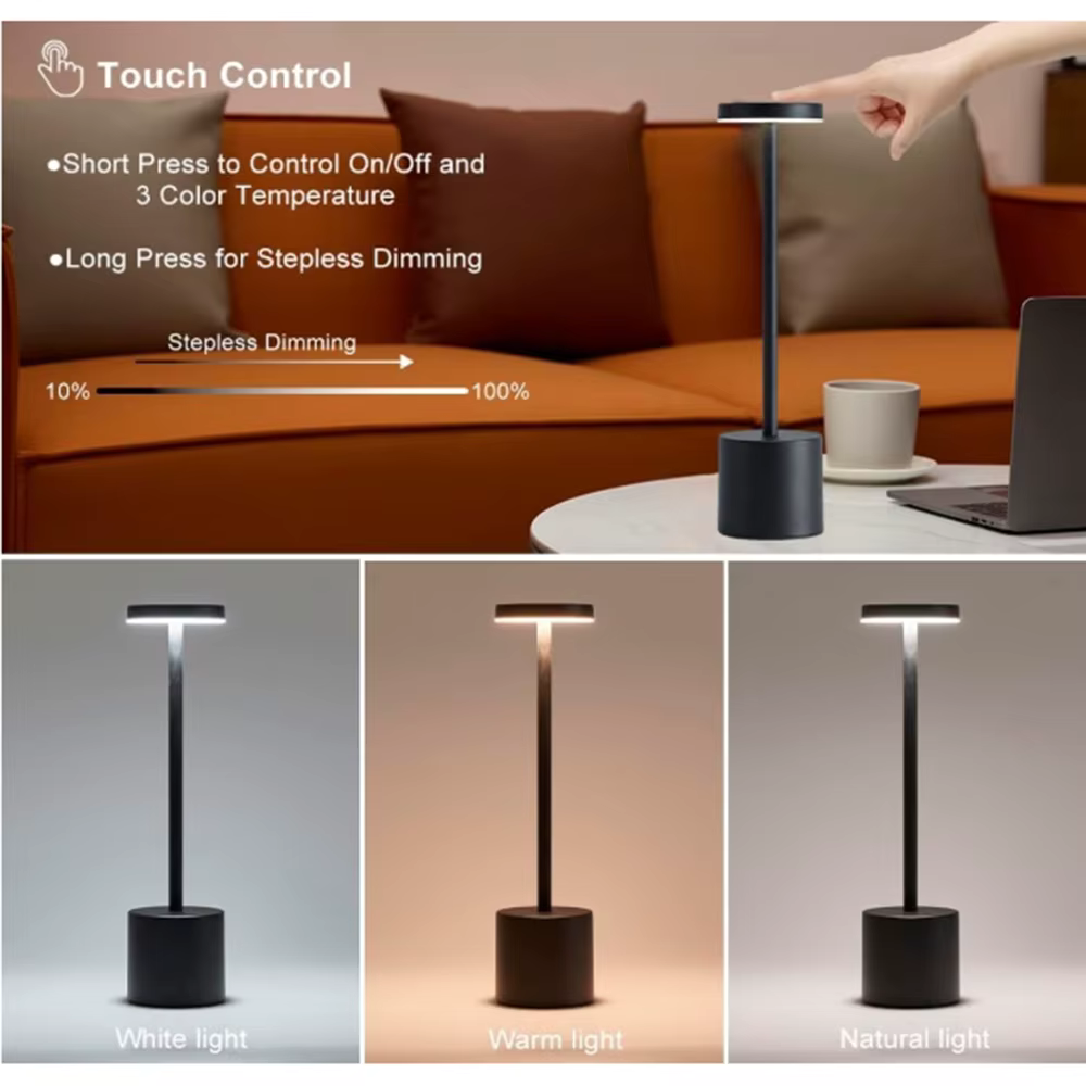 Lampe de bureau en métal LED, contrôle tactile 3 couleurs, luminosité réglable, rechargeable par USB, portable, décoration de chambre à coucher, salon, bar