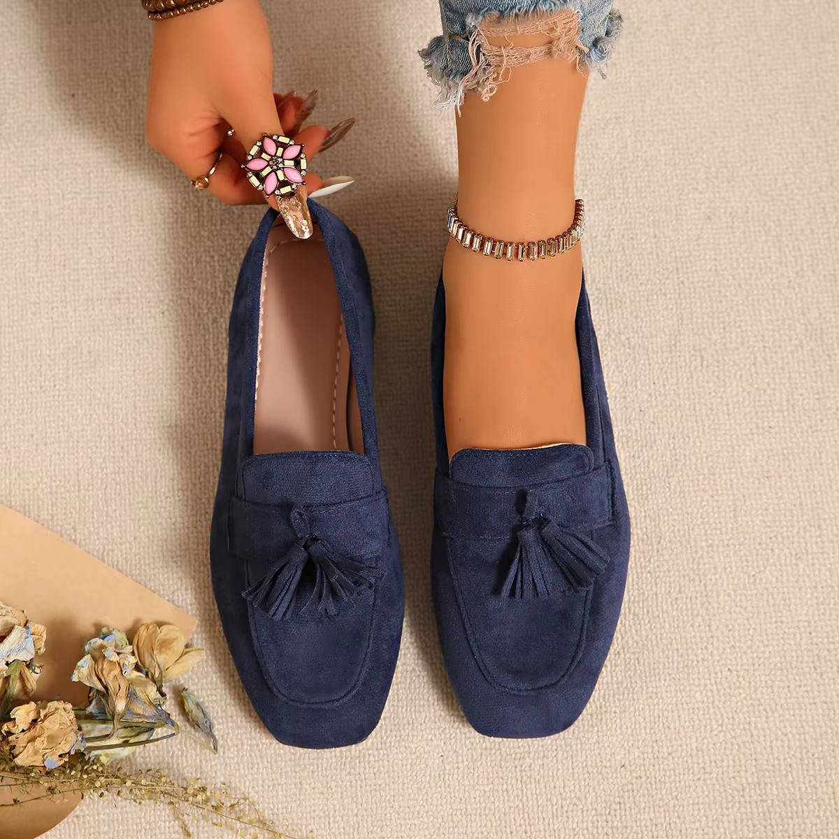 Chaussures plates pour femme grande taille 2026 Nouvelle mode Bout carré Confortables Souples Ballerines Simples Polyvalentes Décontractées à enfiler