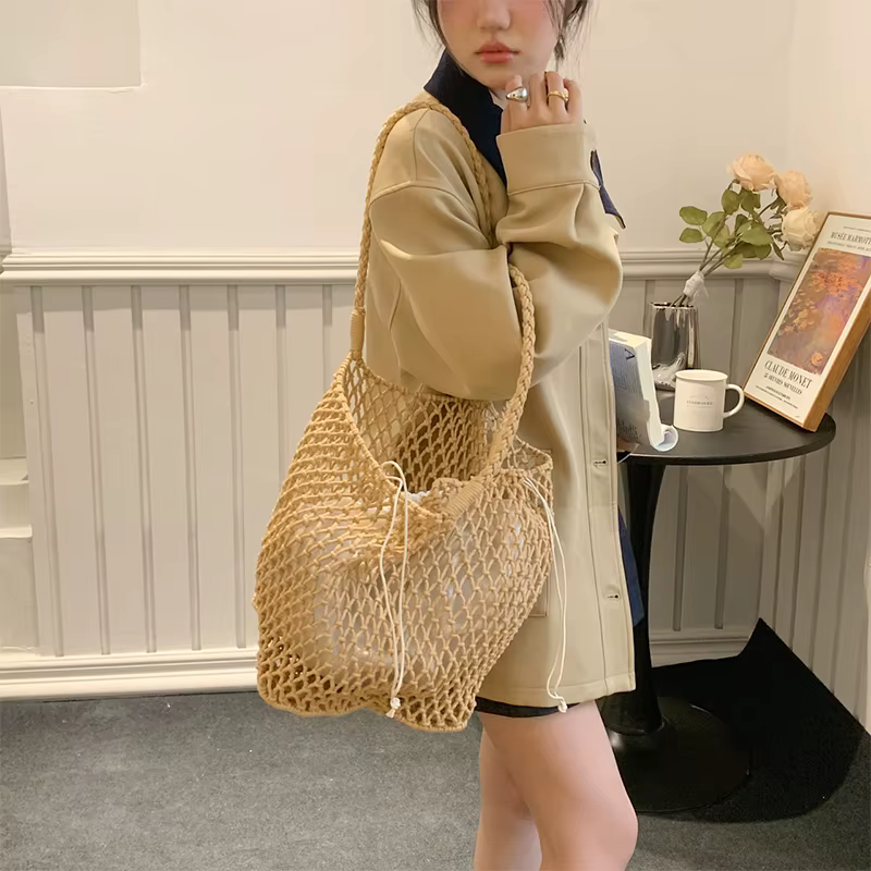 Sac de tissage creux en coton chanvre, fourre-tout fait main de grande capacité, sac en filet portable pour les vacances à la plage, printemps et été