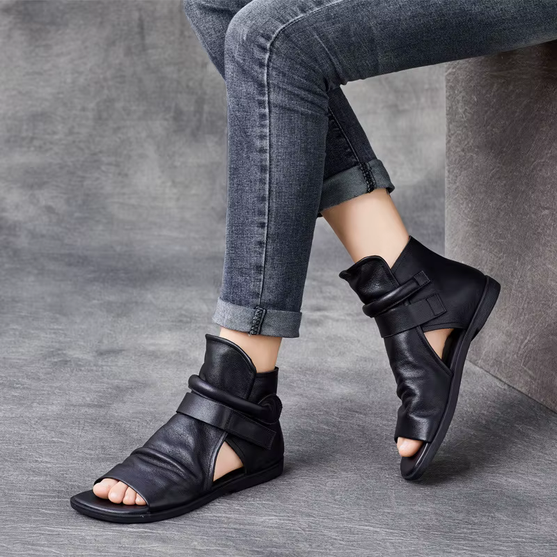 GKTINOO 2026 – Nouvelles sandales d'été en cuir véritable pour femme, bottes plates faites à la main, talons plats, en cuir de vachette, bout ouvert, fermeture éclair