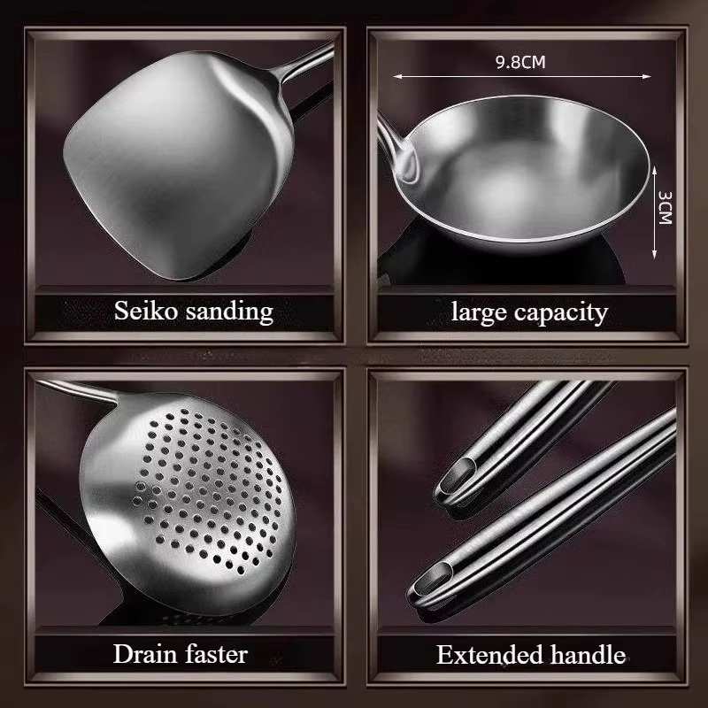 Ensemble d'ustensiles de cuisine en acier inoxydable pour wok : spatule, louche, cuillère écumoire, spatule ajourée, accessoires pour wok