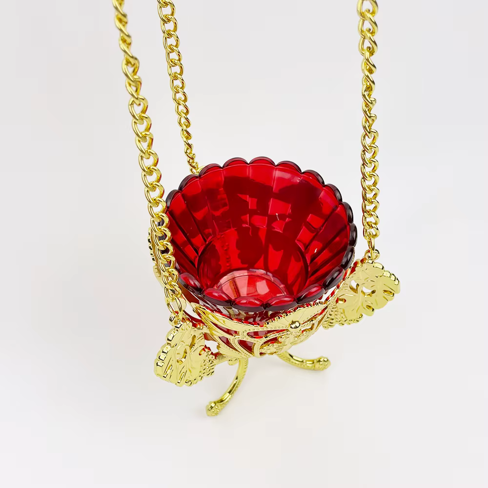 Lampe Vigil suspendue orthodoxe | Alliage plaqué or avec croix de bol en verre rouge et conception de vigne pour l'autel de la maison de l'église