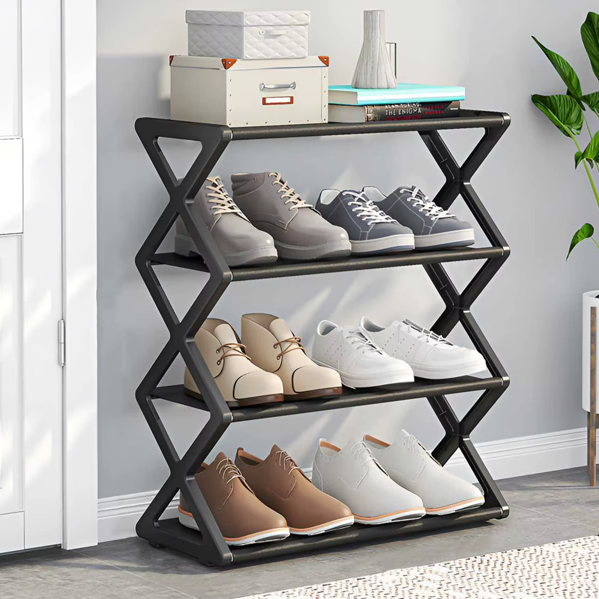 Étagère à chaussures pliable à 4 niveaux, version en boîte, multifonctionnelle, anti-poussière, pour entrées, couloirs, chambres