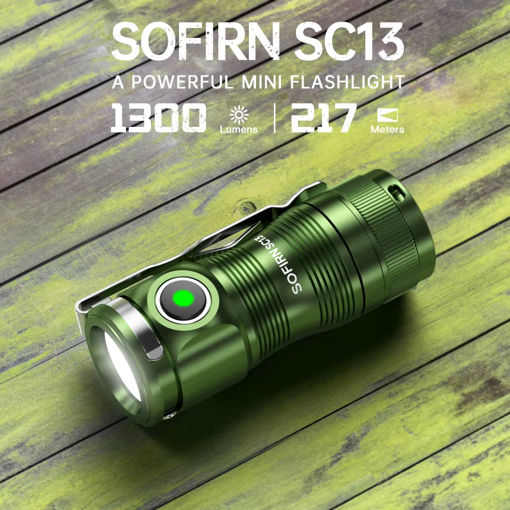 Lampes de poche tactiques SOFIRN SC13 1300lm rechargeables 18350 6000K Noir Vert Porte-clés 519A/SST40 LED Mini lampe torche d'urgence