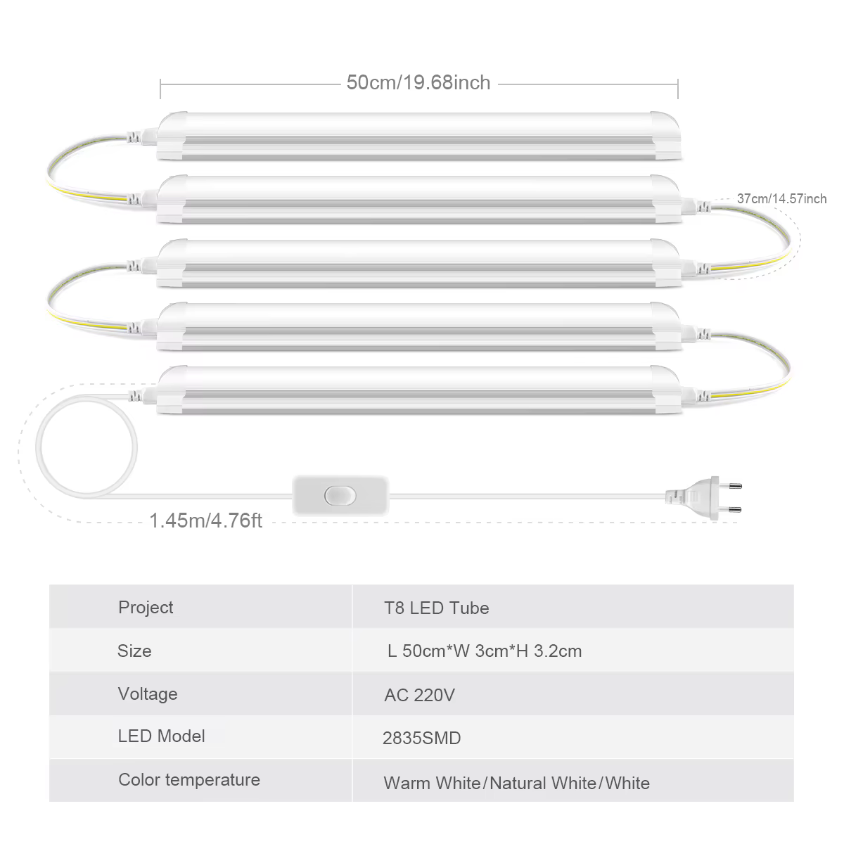 T8 LED Tube lampe 220V 50CM barre lumineuse LED pour maison armoire Garage entrepôt éclairage lampe de nuit avec prise d'alimentation ue