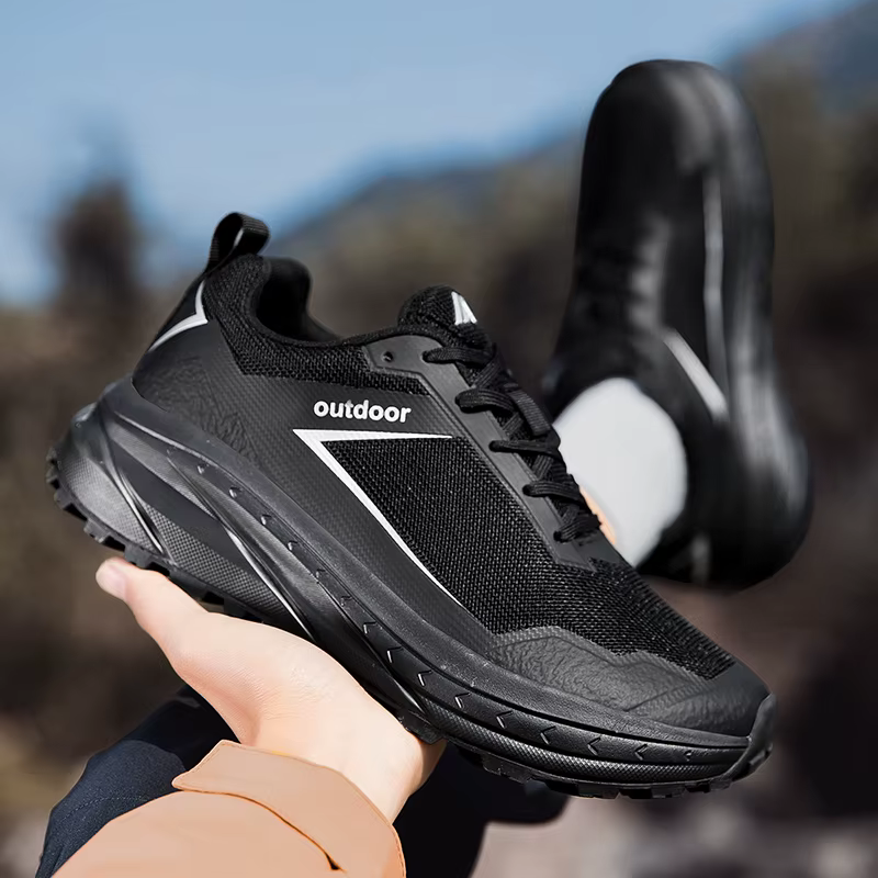 Chaussures de randonnée en plein air pour hommes, grande taille 48, d'alpinisme, en maille noire, respirantes, plates, de haute qualité, chaussures de sport à bout large