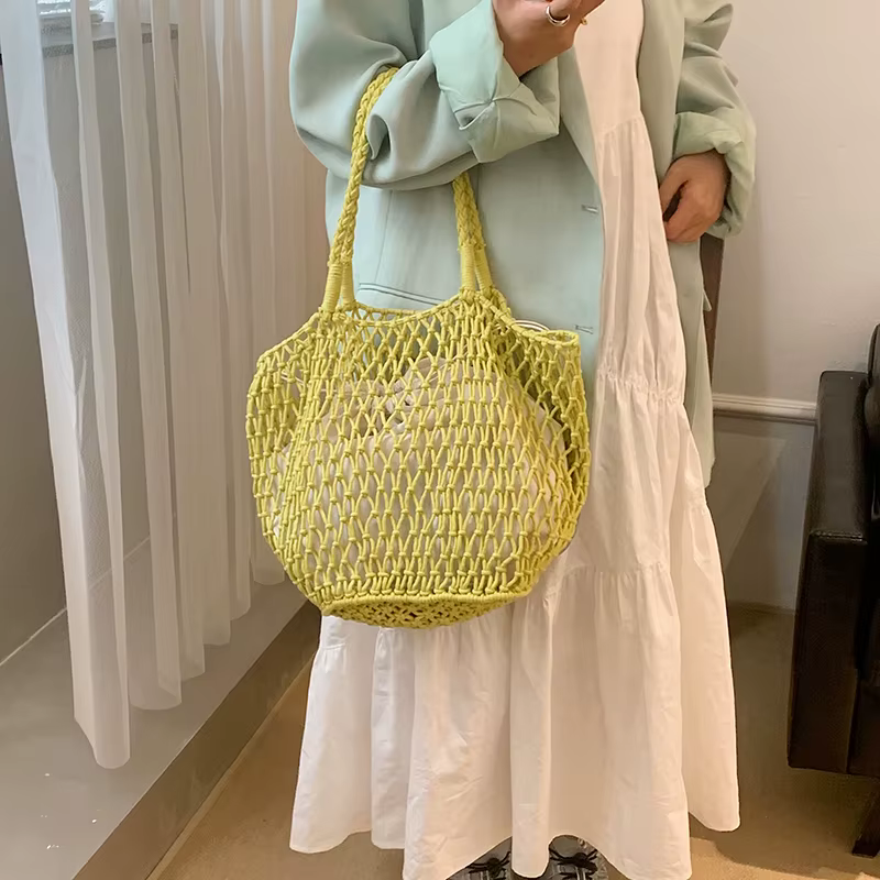 Sac de tissage creux en coton chanvre, fourre-tout fait main de grande capacité, sac en filet portable pour les vacances à la plage, printemps et été