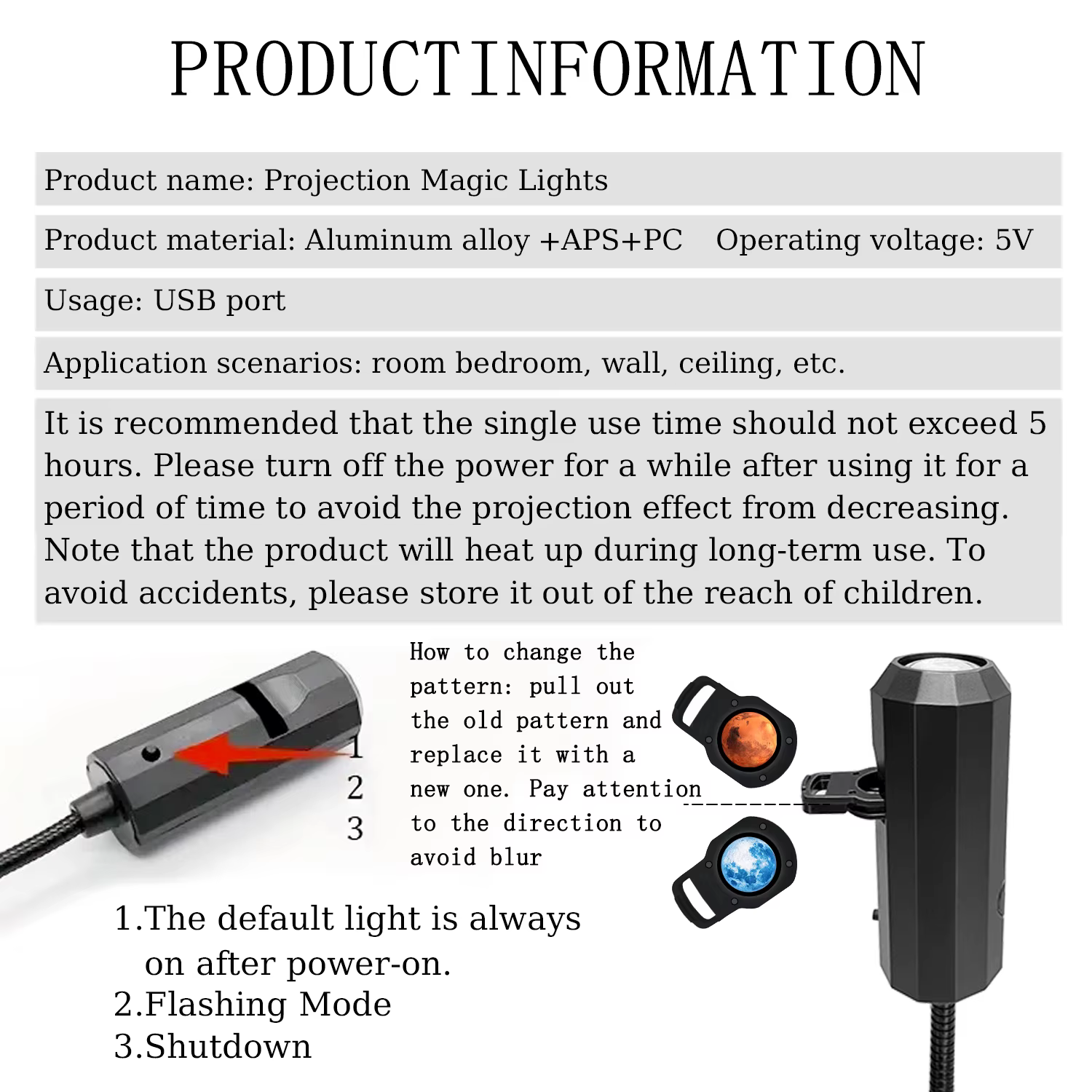 1 pièce + 3 pièces de lampe de projection de lune, lampe d'ambiance romantique pour la maison, lampe USB, veilleuse d'éclairage de chevet