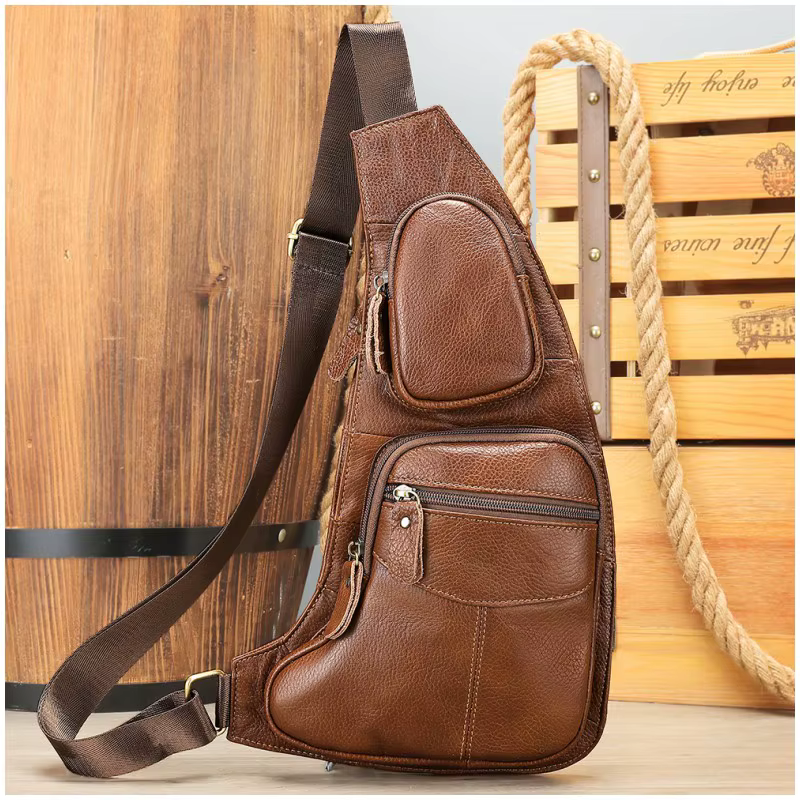 Hommes en cuir véritable fronde bandoulière haute qualité sac de poitrine multi-poches décontracté mâle peau de vache sac à bandoulière sac à dos sac à dos