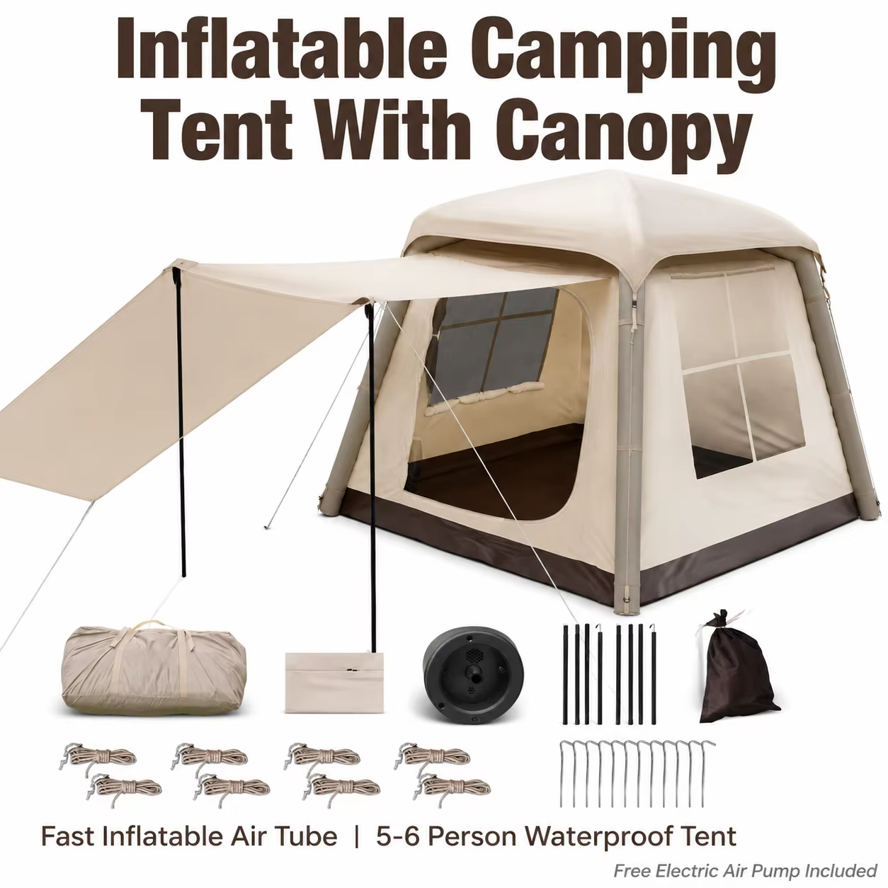 Tente gonflable portable pour le camping en plein air, tente à air imperméable et résistante au vent, tente familiale à installation rapide avec pompe à air