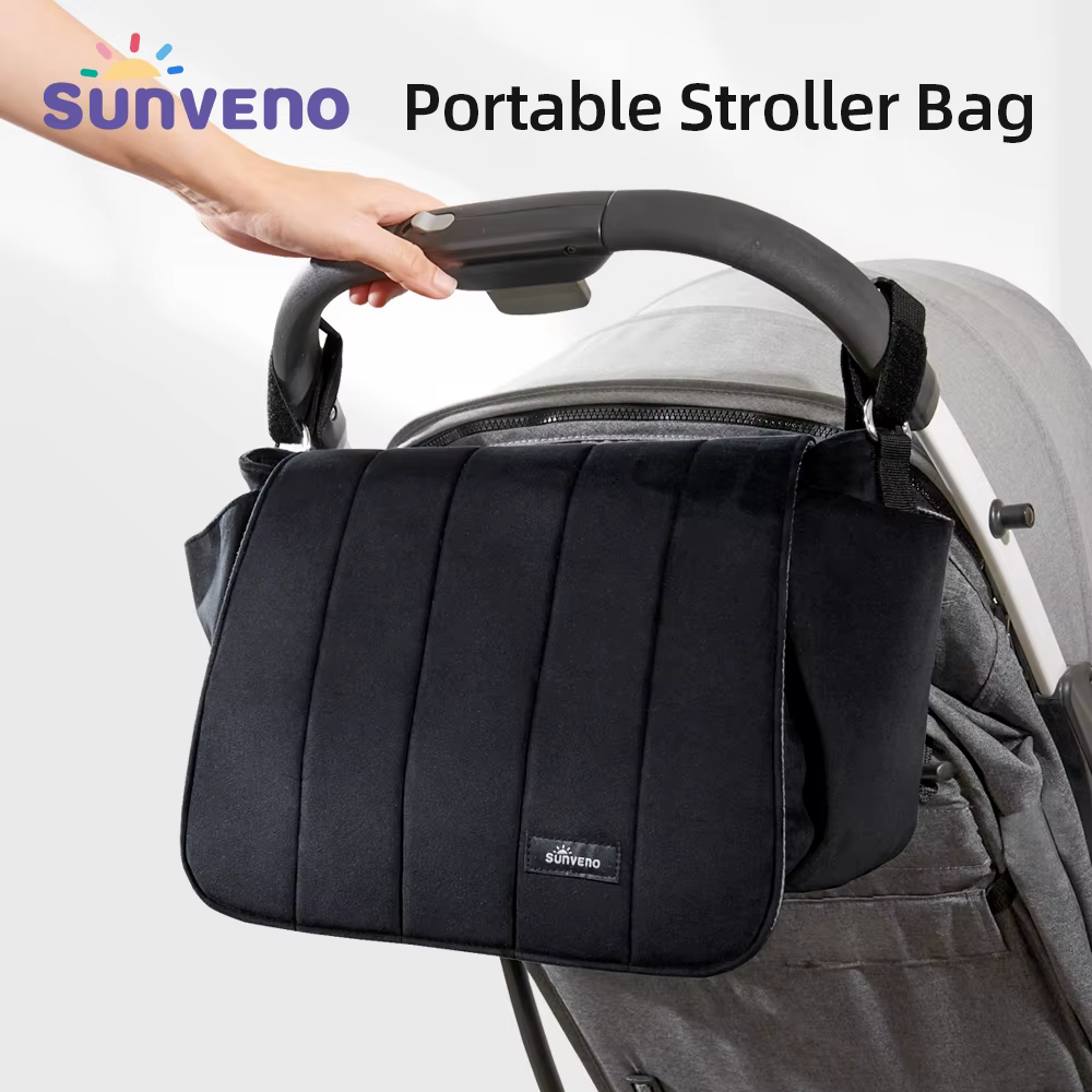 Sunveno-Sac à couches en velours côtelé noir pour poussette, sac à bandoulière grande capacité pour maman, pratique et classique
