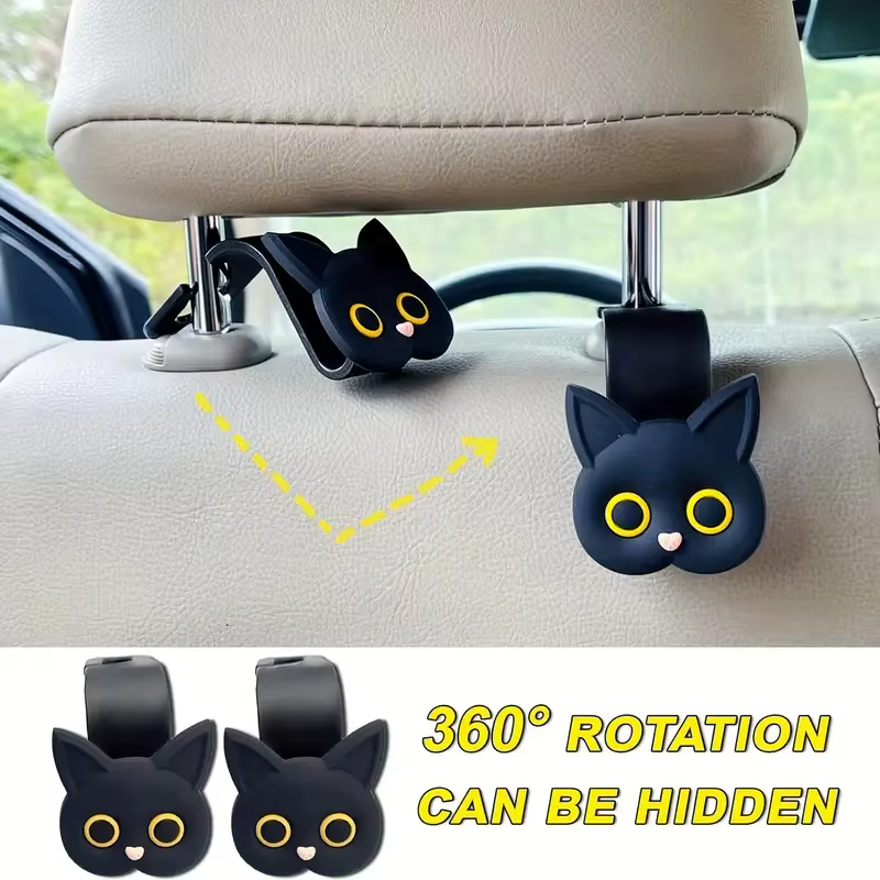 2 pièces adorables crochets d'appui-tête de siège de voiture de chat de dessin animé 3D-organisateur de stockage de véhicule universel pour sacs à main, sacs à main, manteaux-mignon Ca