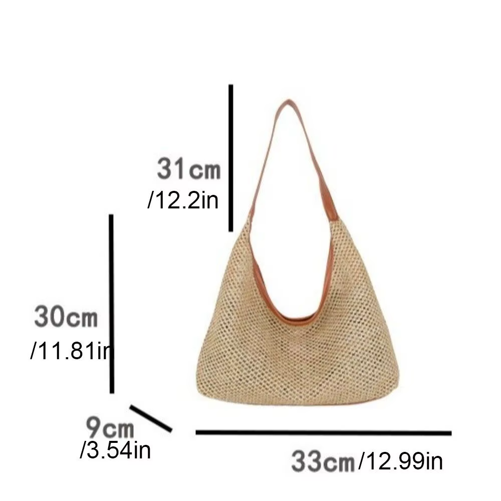 Sac en paille tressé uni décontracté, style bohème fait main, sac de plage grande capacité, sac fourre-tout, sac à bandoulière pour femme