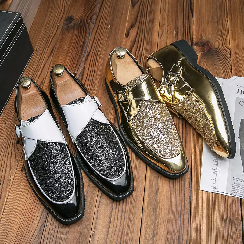 YEHENG Chaussures habillées à boucle dorée scintillante pour hommes