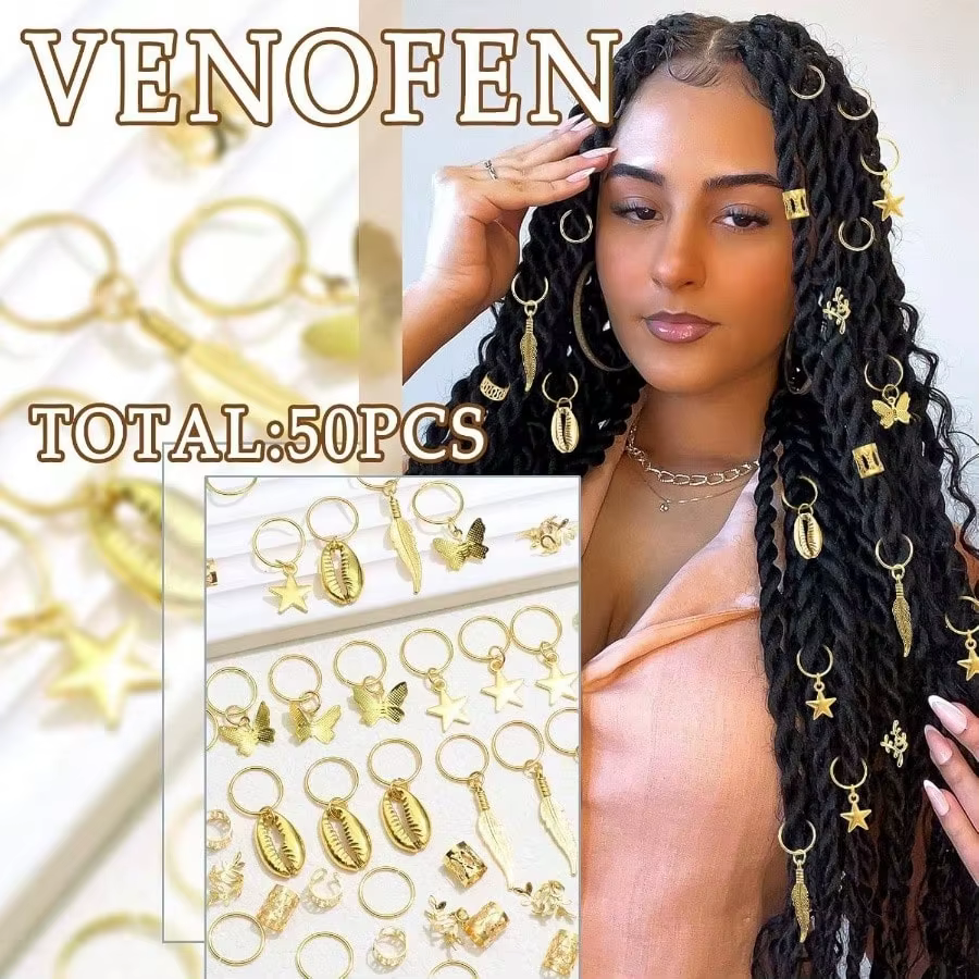 Ensemble d'accessoires pour cheveux bohèmes - Comprend 50 pièces de coquillages, étoiles et papillons, adaptés aux coiffures tressées.