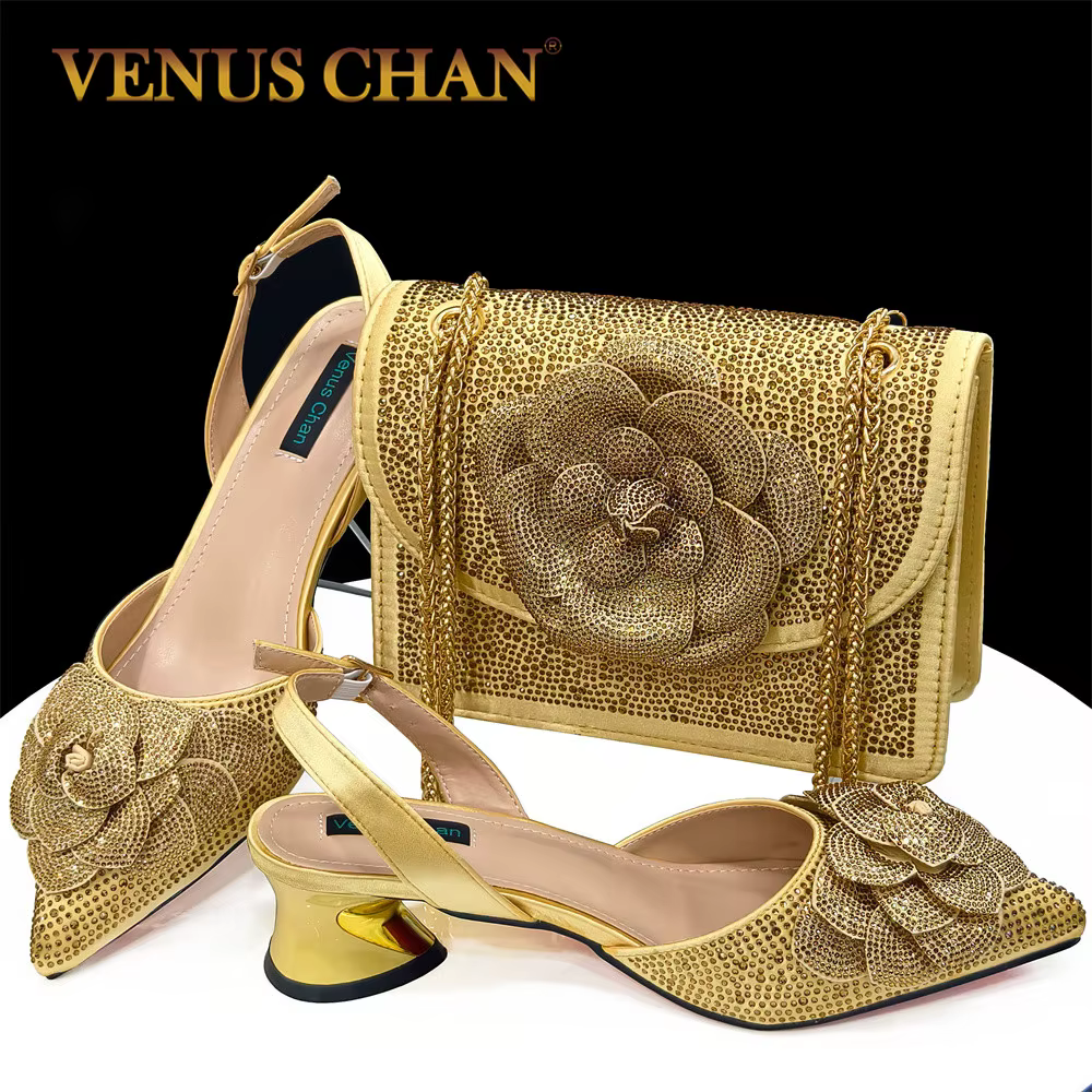Chaussures et sacs de soirée de conception italienne pour femmes, jumelés à pétales faits à la main, couleur or, chaussures pointues Parker, chaussures à talon moyen, chaussures de fête