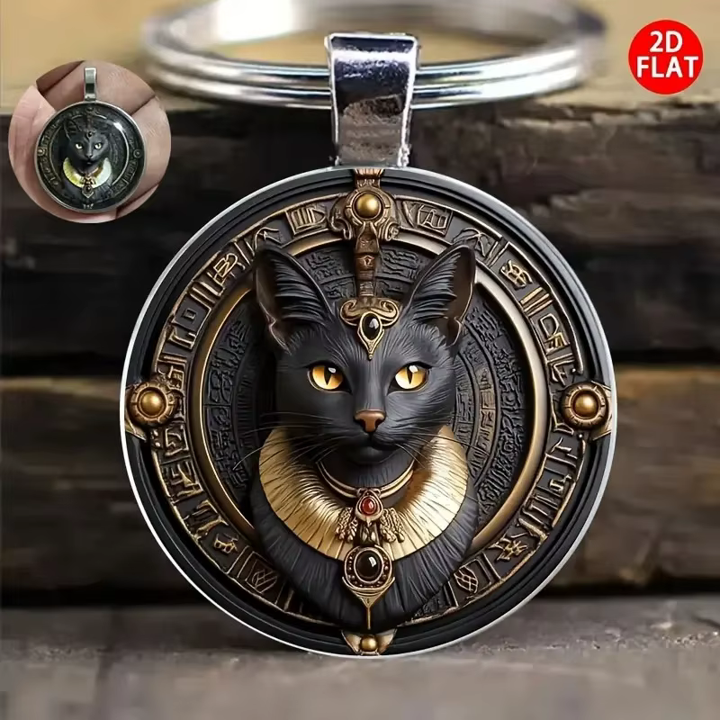 Porte-clés chat noir égyptien 2D plat, Style égyptien ancien, accessoire de mode pour voiture