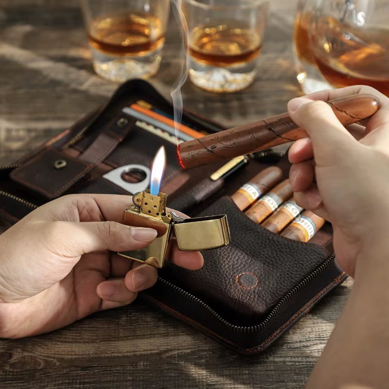 Sac à cigares Portable en cuir véritable, étui de rangement de cigares de voyage multifonction