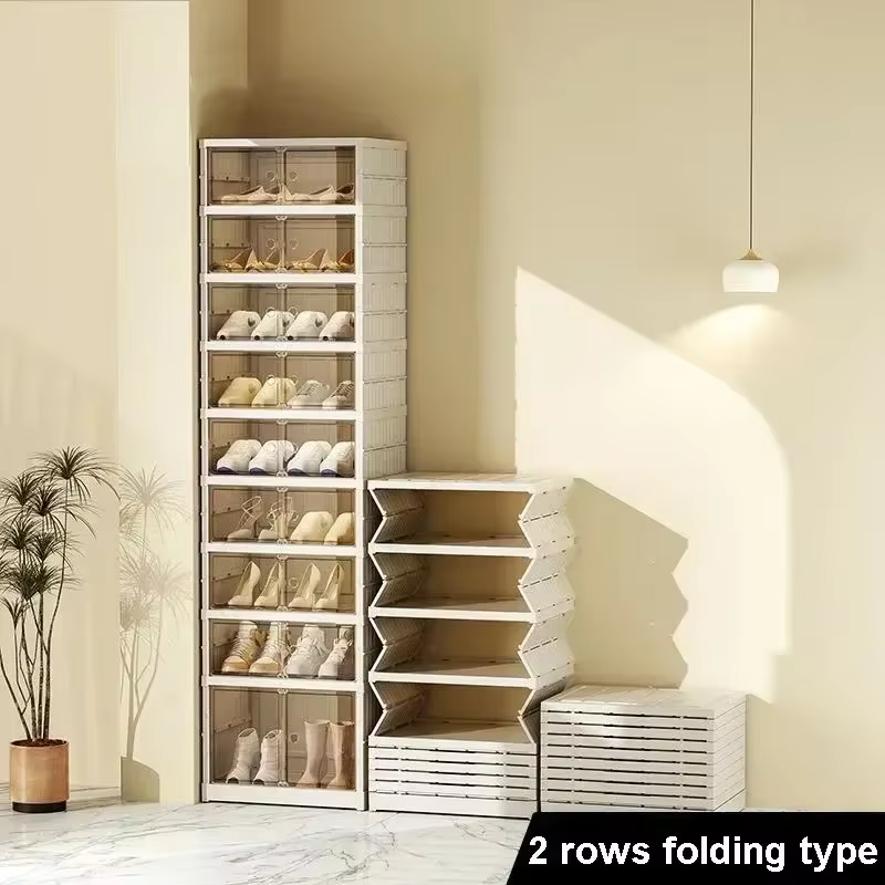 Organisateur de étagères à chaussures pliables pour placard, boîte de rangement de chaussures pliables en plastique, transparente, empilable avec assemblage facile