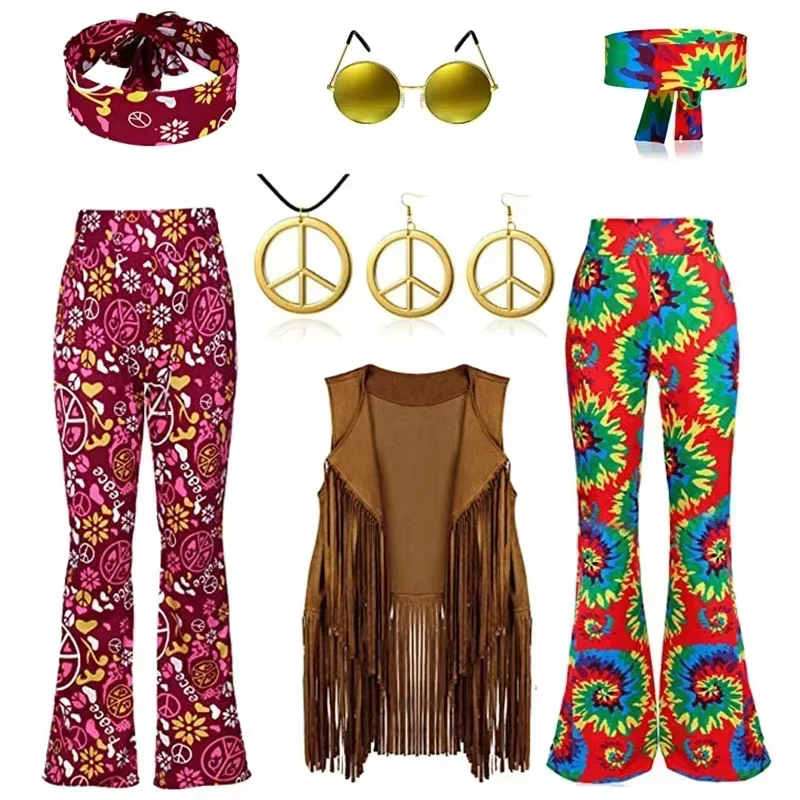 Hippie Disco 60s 70s Cosplay Costume femmes paix amour filles hanche indien glands Hippie gilet Cardigan fête d'halloween