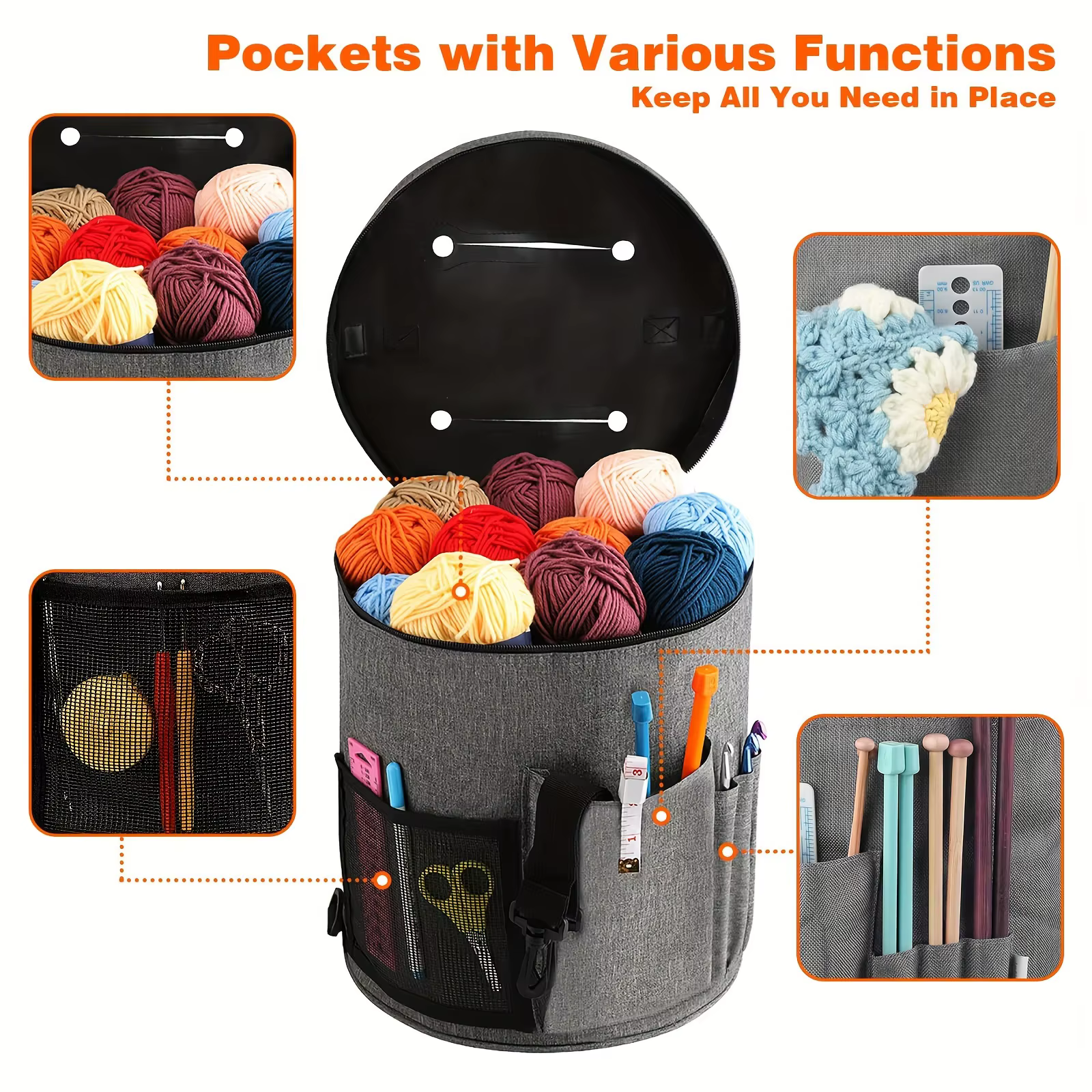 Sac fourre-tout au crochet de grande capacité avec poche avant, rangement de fil, crochets, fils grossiers