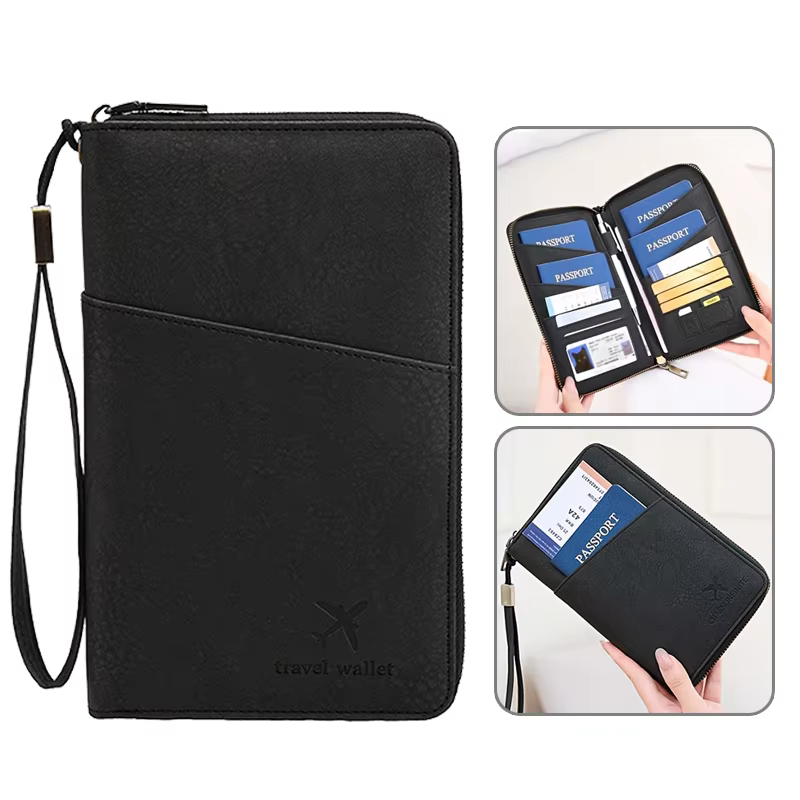 Porte-documents de voyage noir avec fermeture éclair longue, portefeuille de rangement pour billets, sac de rangement pour plusieurs passeports avec sangle de poignet TMZ, 1 pièce