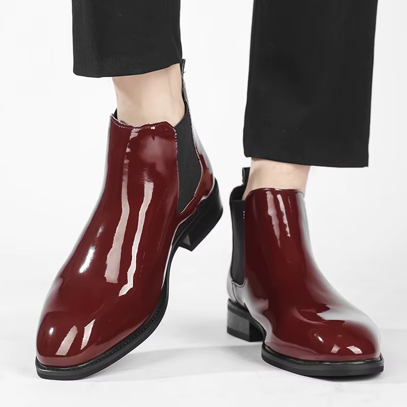 Bottines Chelsea pour hommes en cuir verni noir boucle cheville bout rond affaires classique à la main hommes bottes courtes Botas De Hombre