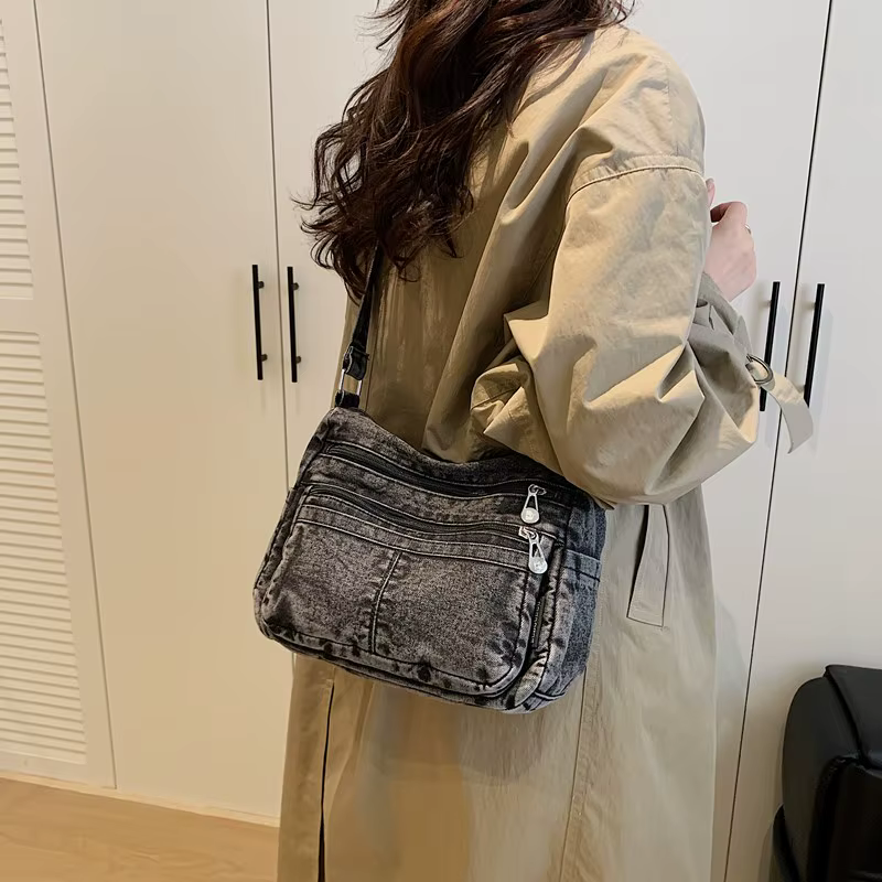 Denim couleur unie fermeture éclair fourre-tout décontracté 2025 hiver nouveaux sacs polyvalents haute capacité
