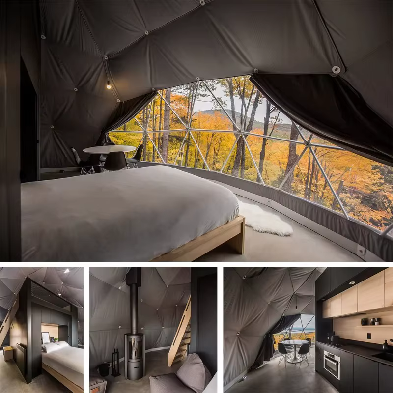 Dôme de glamping géodésique avec porte triangulaire en bois
