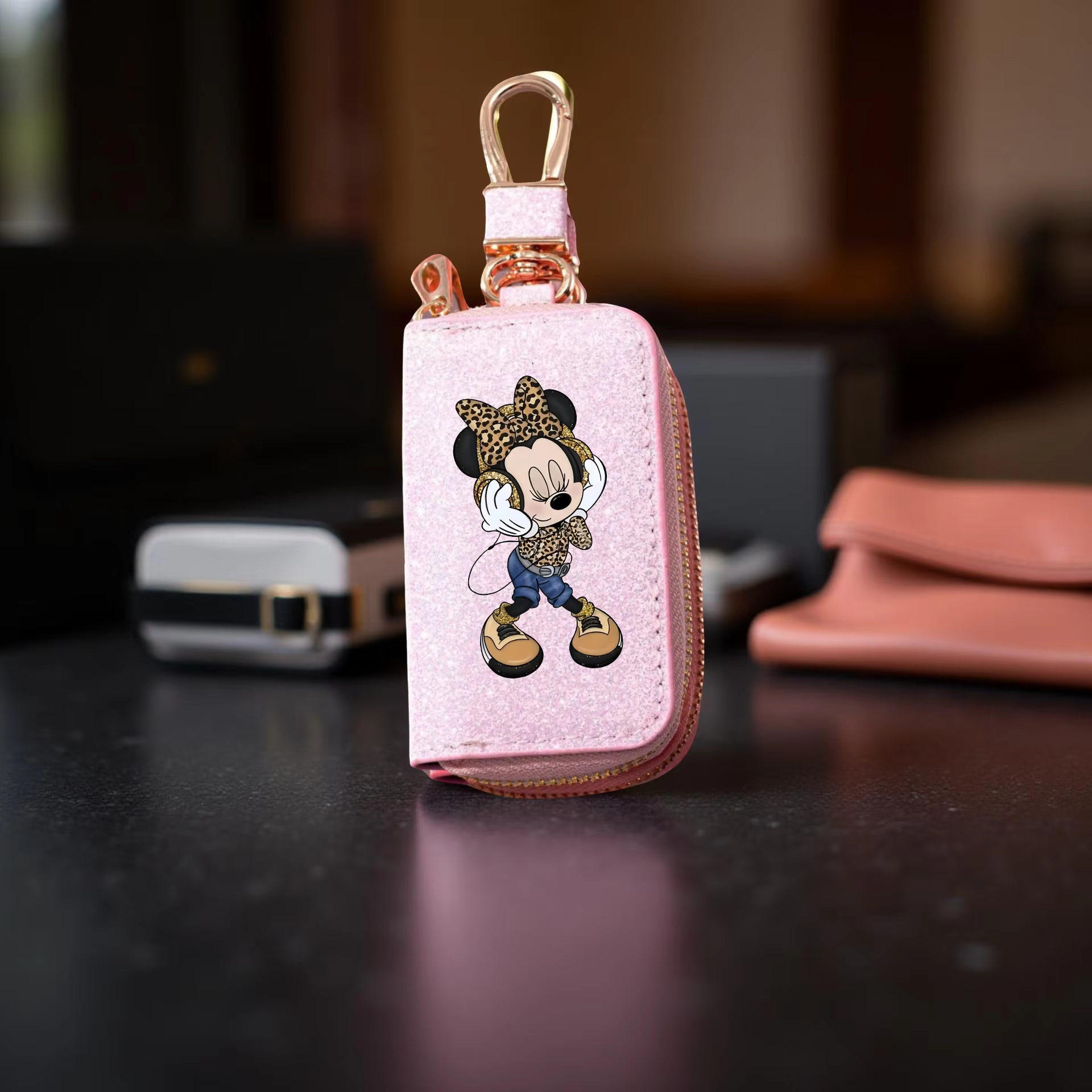 1 sac à clés Minnie-porte-clés synthétique élégant avec fermeture éclair dorée, organisateur de clés de voiture Compact et accessoire de décoration pour la maison