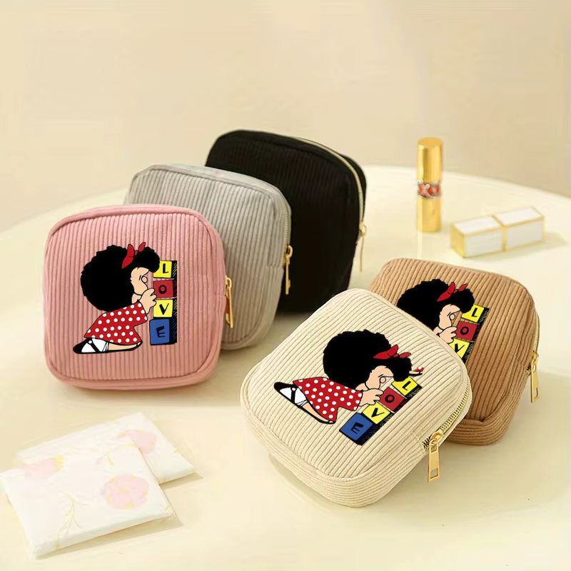 【Trousse à cosmétiques en velours côtelé】 1 pièce Cube sac de maquillage-MAFALDA motif de dessin animé petit sac de