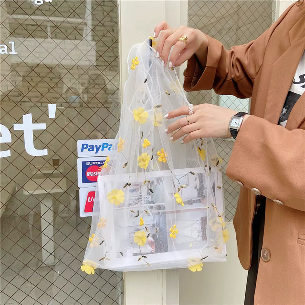 Sacs à main décontractés en maille écologique, sacs à main brodés, sacs de shopping transparents