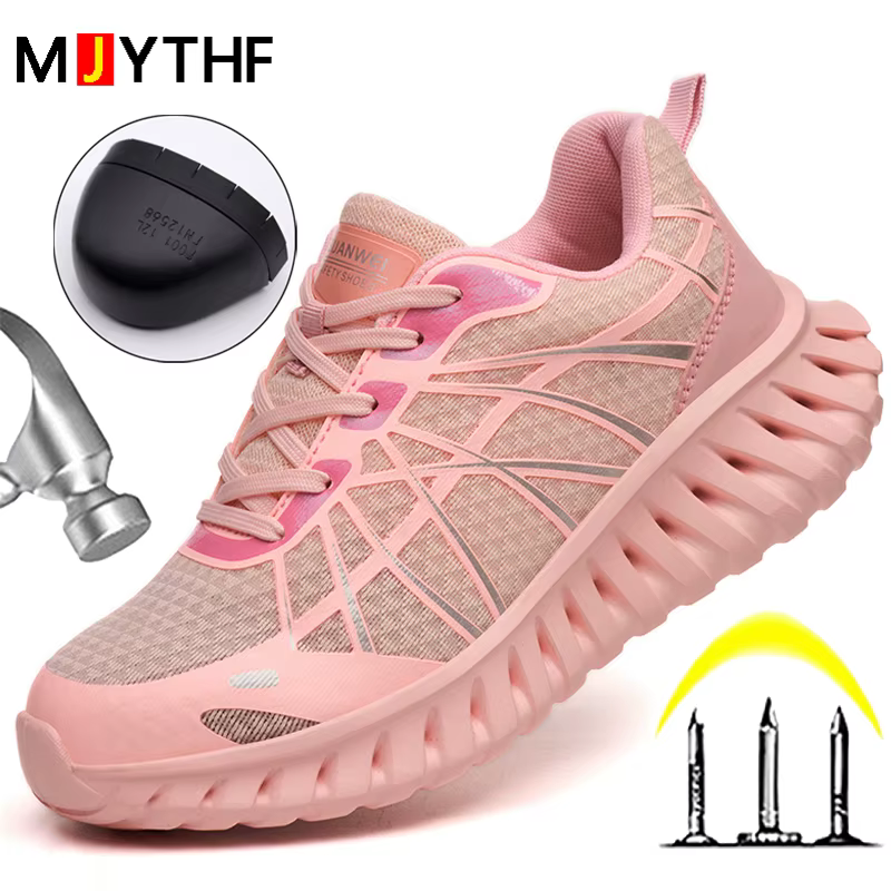 Chaussures de sécurité roses pour femmes, baskets de travail anti-écrasement et anti-perforation, chaussures à bout en acier, légères, confortables, de protection, neuves