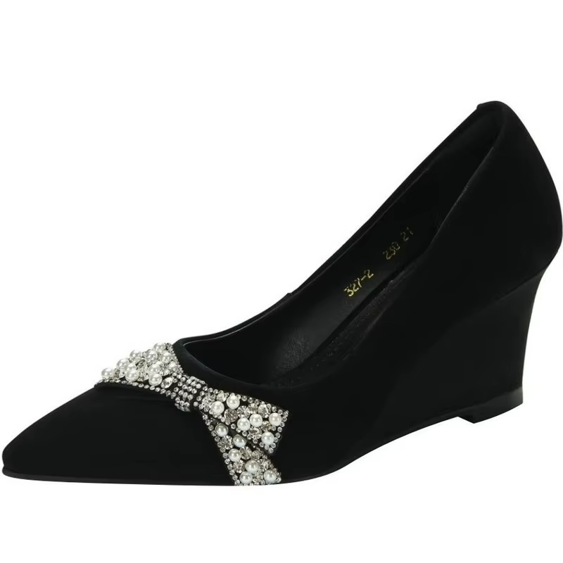 FHC – escarpins en Nubuck pour femmes, chaussures floquées à talons hauts, semelles compensées avec nœud papillon en strass, à enfiler, bout pointu, noir, grande taille, 34-42, livraison directe