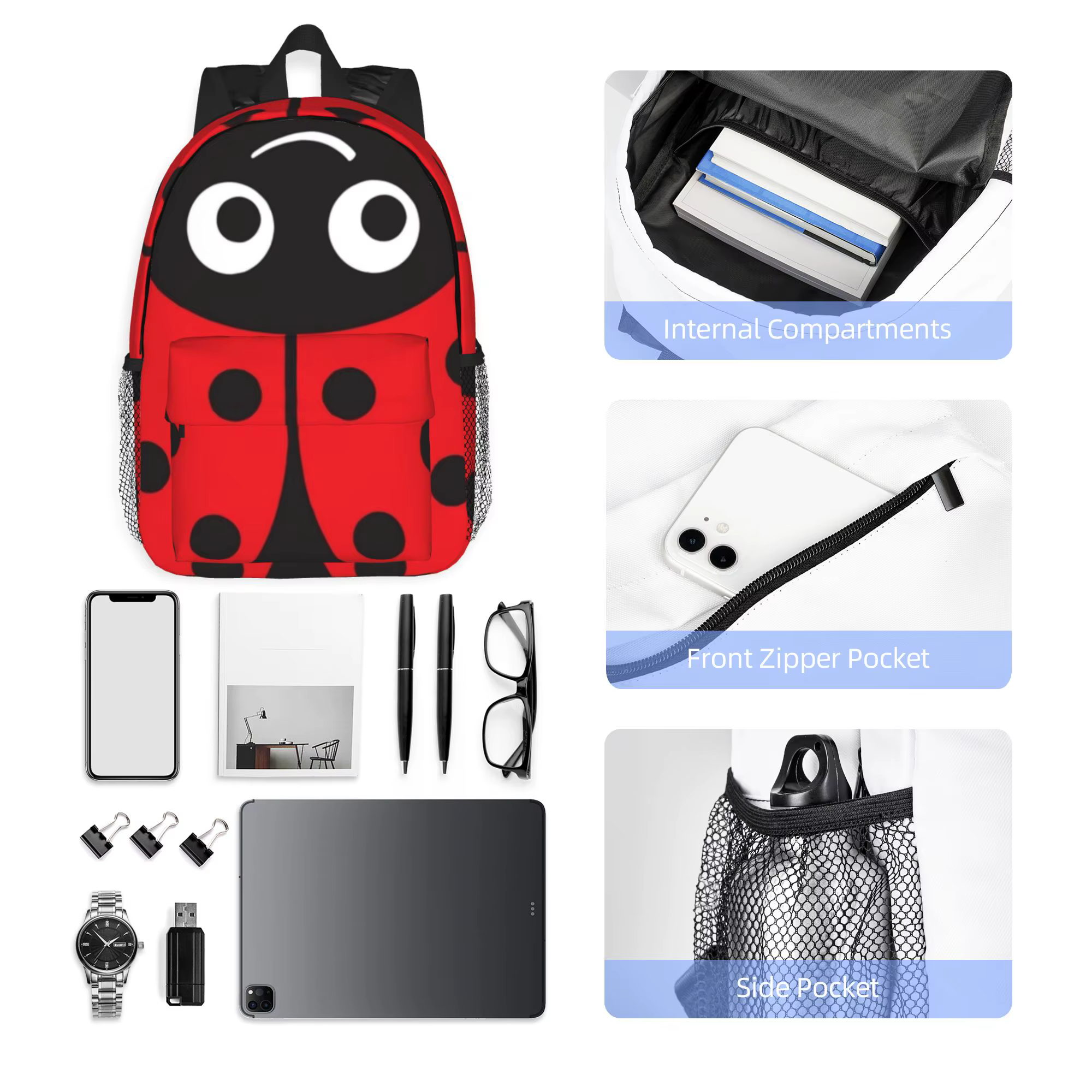Sac à dos Ladybug pour filles, sac à dos de grande capacité pour garçons et filles, sacs à bandoulière pour hommes et femmes, sac d'école