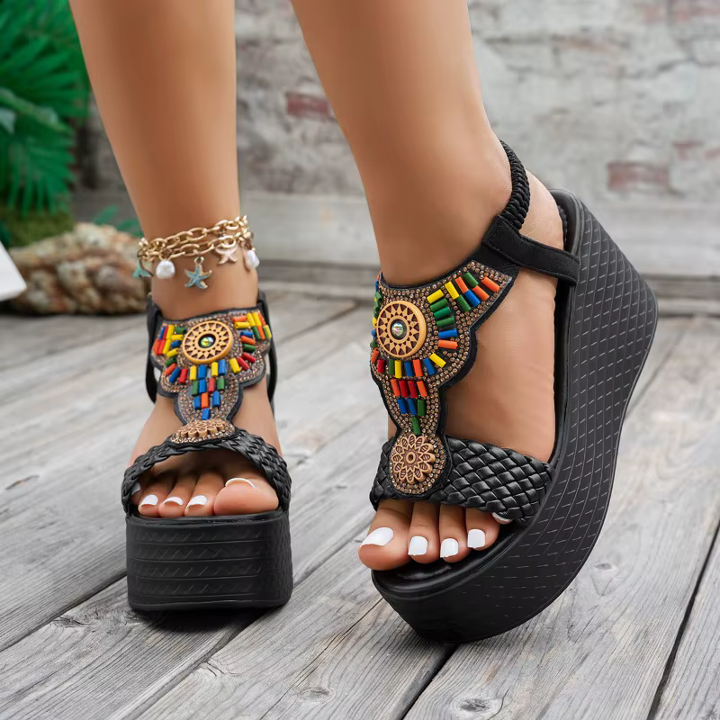 Sandales pour femmes, style bohème, sandales compensées, été, semelle épaisse, antidérapantes, chaussures de plage, sandales à plateforme chunky avec perles colorées