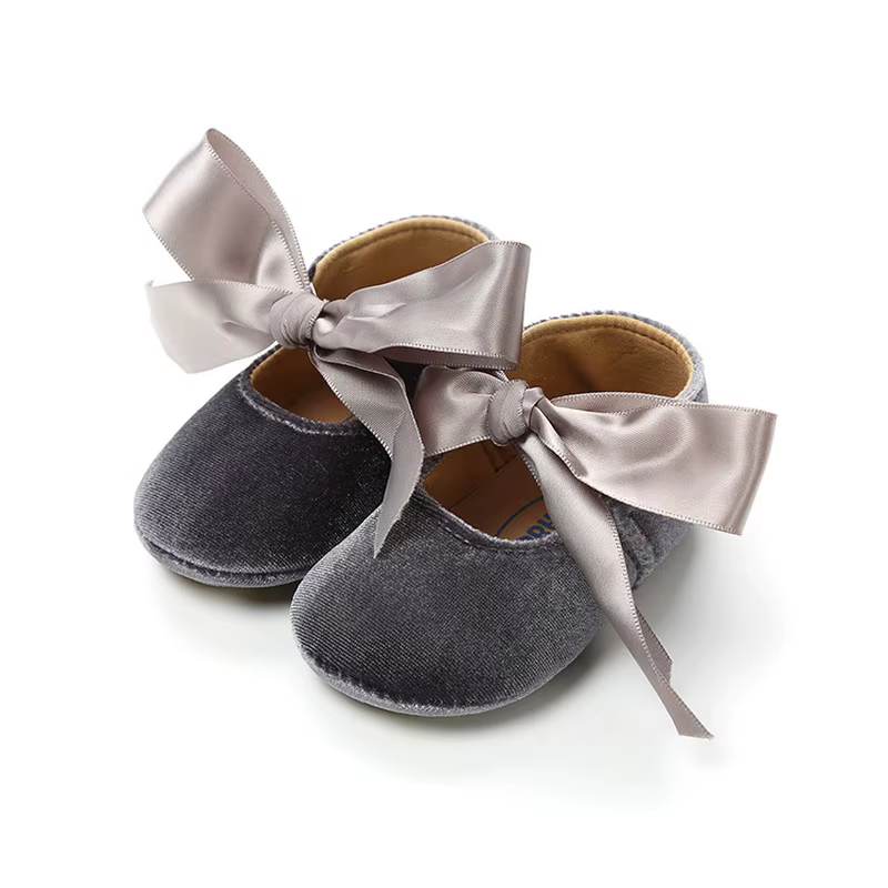 Chaussures pour nouveau-né fille, mocassins avec ruban et nœud papillon, semelle antidérapante en caoutchouc