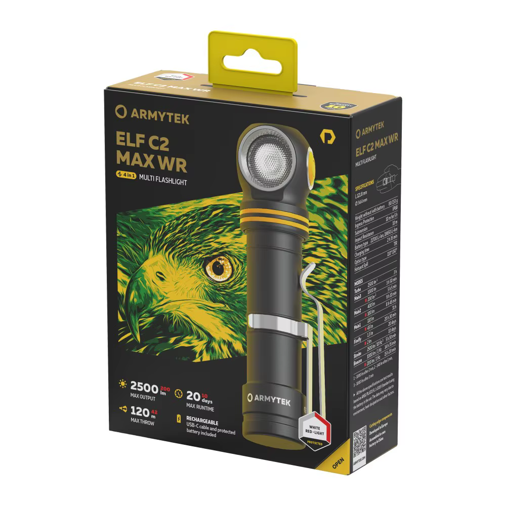 Lampe torche multi-usages Armytek Elf C2 Max WR 4 en 1, 2500 lumens, lampe frontale à lumière chaude/blanche, lampe torche LED EDC avec batterie, lampe de poche