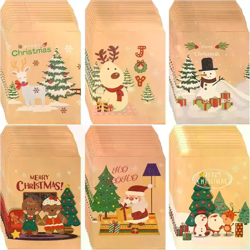 20 pièces joyeux noël sacs cadeaux père noël papier Kraft bonbons biscuits sac cadeaux de fête de noël 2025 noël bricolage calendrier de l'avent