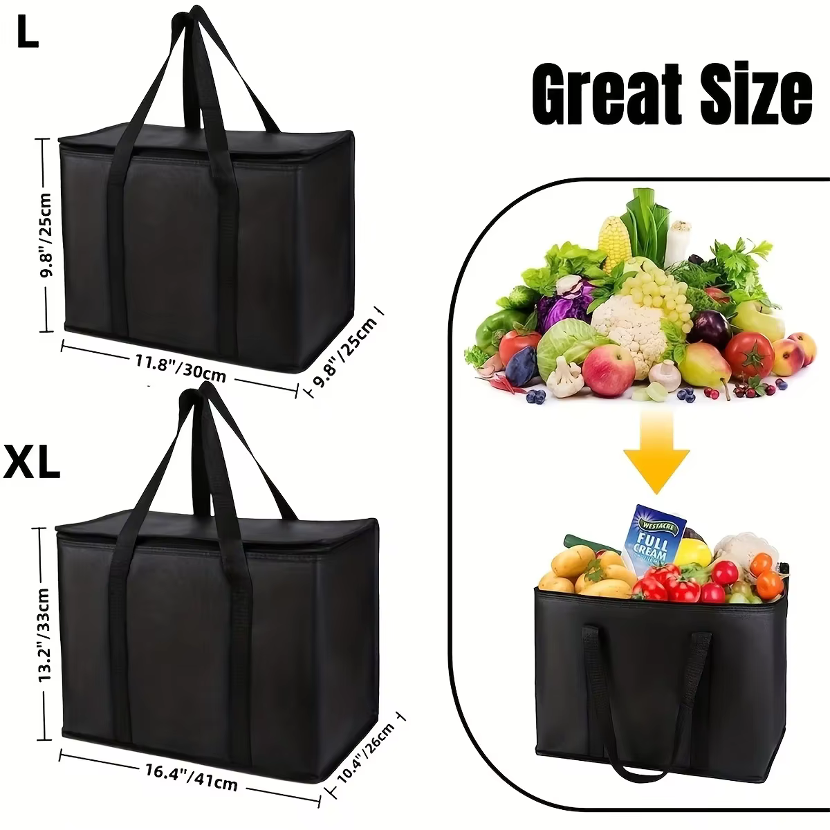 XL/grand sac isotherme : garder les aliments chauds et froids pour les heures – fourre-tout d'épicerie, sac isotherme souple, chauffe-pizza, fermeture éclair légère et robuste