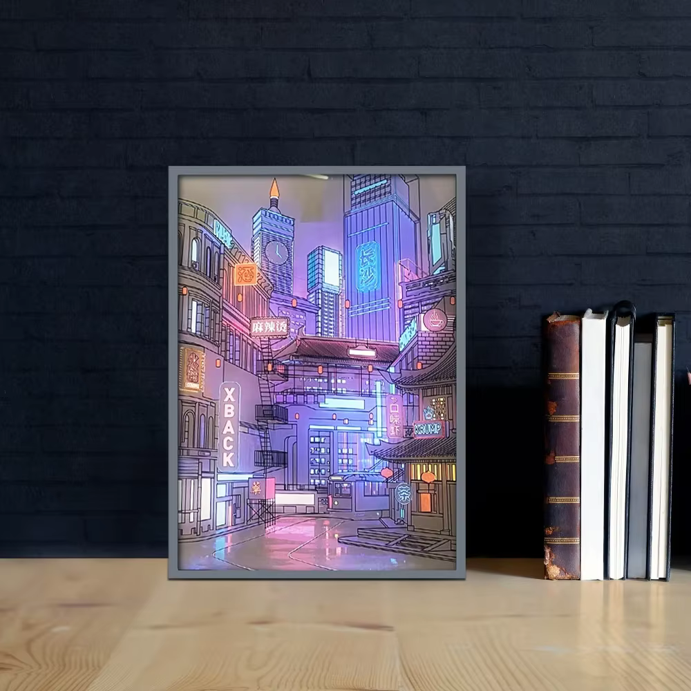 Lampe LED Anime Paysage Urbain Nocturne, Peinture Lumineuse HD à Cadre Fin, Prise USB, Intensité Réglable, Décoration Romantique pour la Maison
