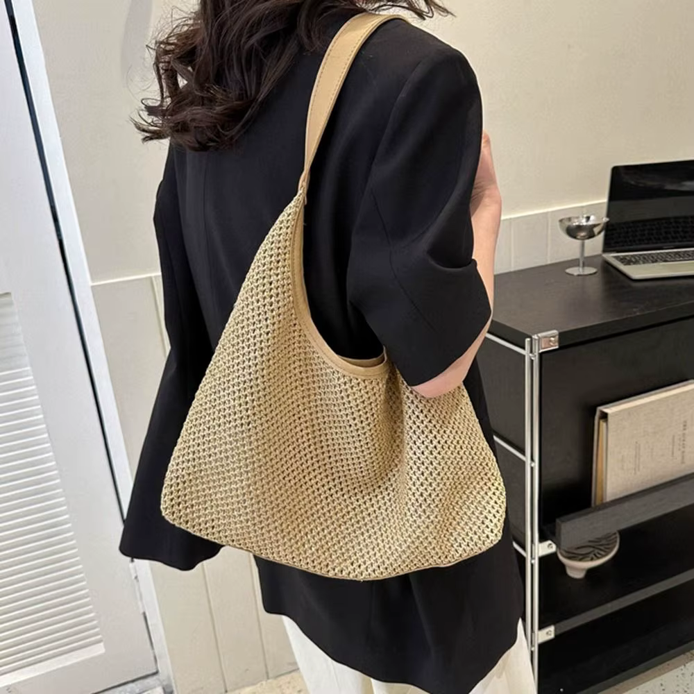Sac en paille tressé uni décontracté, style bohème fait main, sac de plage grande capacité, sac fourre-tout, sac à bandoulière pour femme