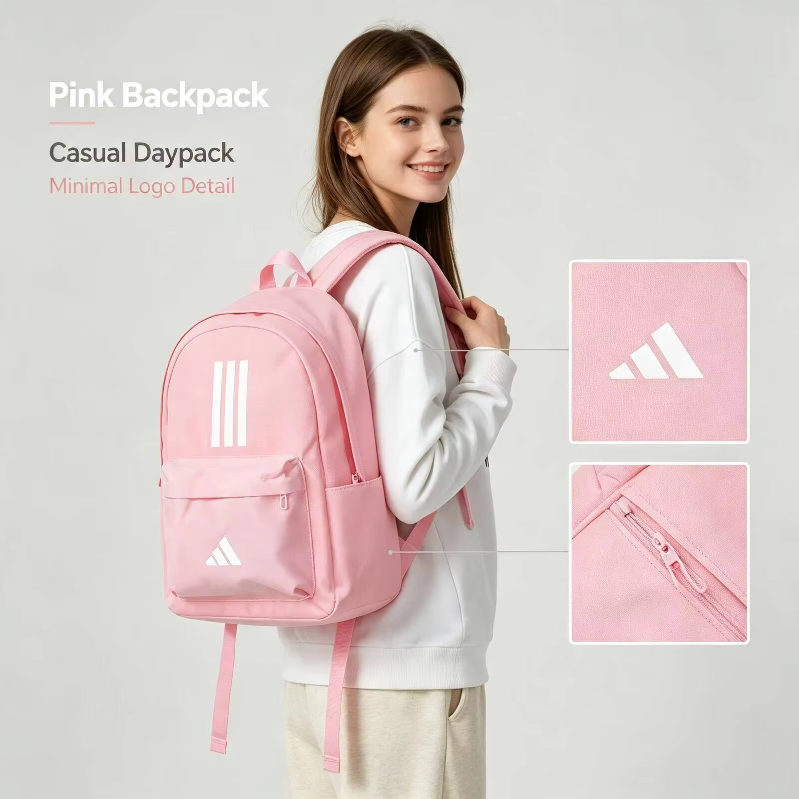 Nouveau sac à dos rose Adidas pour femmes, sac à dos décontracté avec logo minimaliste, léger, pour l'école et les voyages, sac à bandoulière Is7046