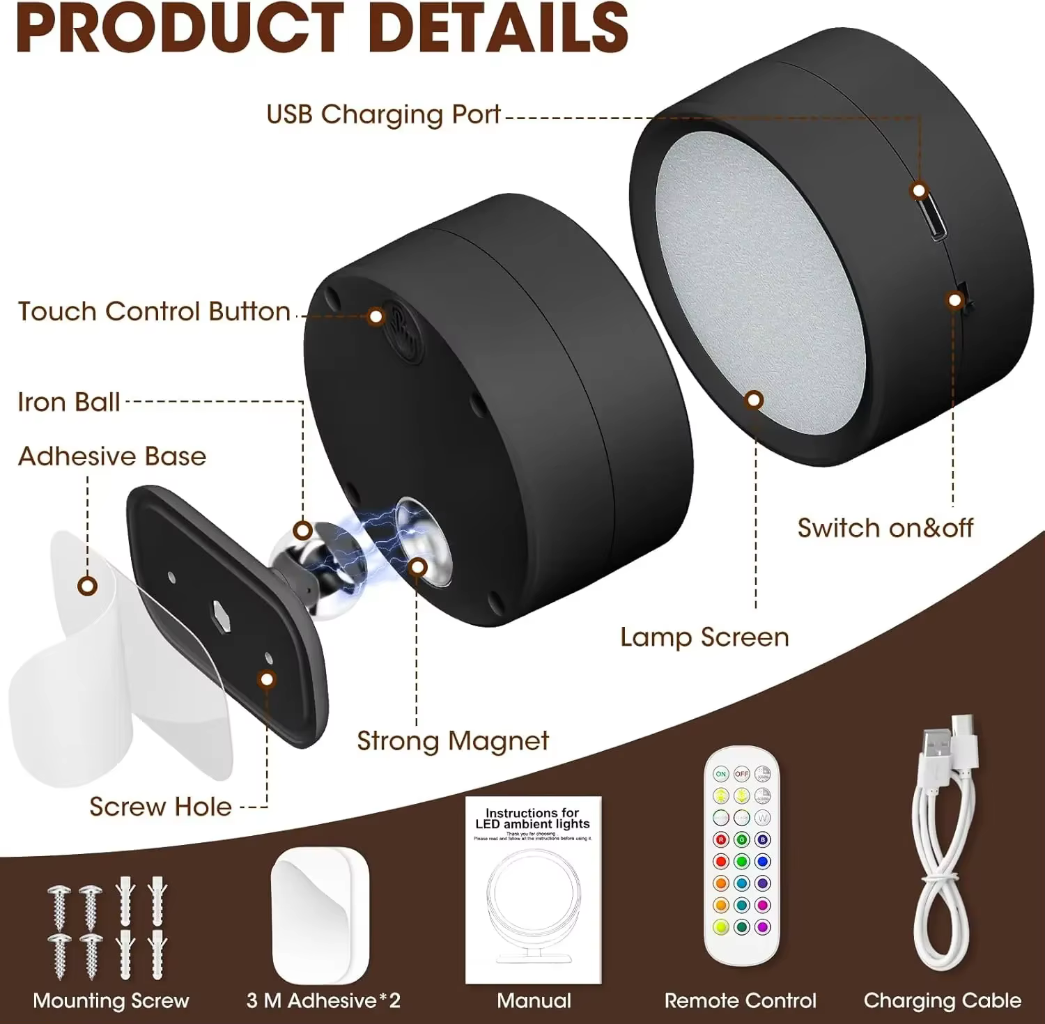 Appliques murales magnétiques sans fil à LED avec télécommande, 3 documents, intensité variable, aste par USB, chambre, lampe de chevet
